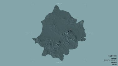 Tunus valisi Zaghouan bölgesi, sağlam bir arka planda bir sınır kutusunda izole edilmiş. Etiketler. Renkli yükseklik haritası. 3B görüntüleme