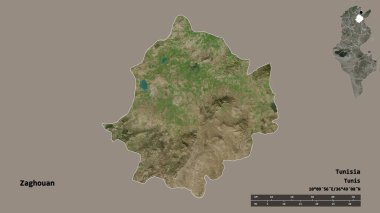 Tunus valisi Zaghouan 'ın şekli, sermayesi sağlam arka planda izole edilmiş. Uzaklık ölçeği, bölge önizlemesi ve etiketleri. Uydu görüntüleri. 3B görüntüleme