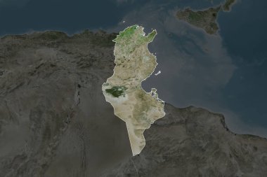 Tunus 'un şekli, komşu bölgelerin dedoygunluğuyla ayrılır. Sınırlar. Uydu görüntüleri. 3B görüntüleme