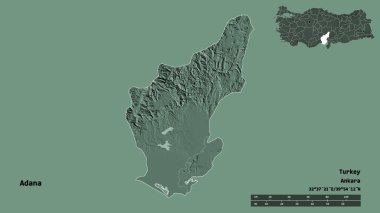 Türkiye 'nin Adana eyaleti, başkenti sağlam bir zemin üzerinde izole edilmiş durumda. Uzaklık ölçeği, bölge önizlemesi ve etiketleri. Renkli yükseklik haritası. 3B görüntüleme