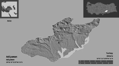 Türkiye 'nin Adiyaman ilçesi ve başkenti. Uzaklık ölçeği, ön gösterimler ve etiketler. Çift seviyeli yükseklik haritası. 3B görüntüleme
