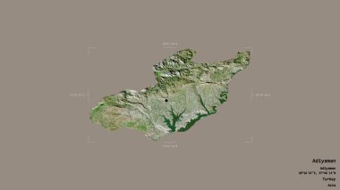 Türkiye 'nin Adiyaman ilçesi, jeoreferatlı bir sınır kutusunun sağlam bir arka planında izole edildi. Etiketler. Uydu görüntüleri. 3B görüntüleme