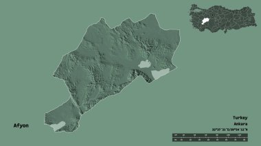 Türkiye 'nin Afyon ilinin başkenti, sağlam bir zemin üzerinde izole edilmiştir. Uzaklık ölçeği, bölge önizlemesi ve etiketleri. Renkli yükseklik haritası. 3B görüntüleme