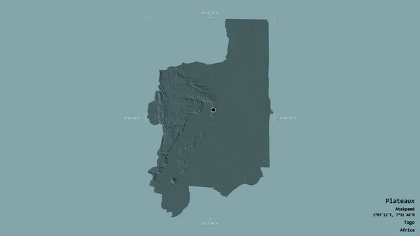 多哥地区的Plateaux地区 以坚实的背景隔离在一个地理参考方块中 彩色高程图 3D渲染 — 图库照片