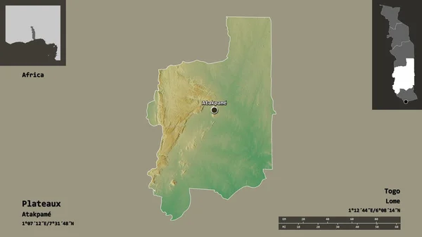 多哥地区普莱索的形状及其首都 距离刻度 预览和标签 地形浮雕图 3D渲染 — 图库照片