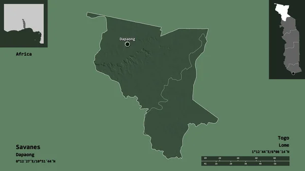 サバネスの形 トーゴの地域 その首都 距離スケール プレビューおよびラベル 色の標高マップ 3Dレンダリング — ストック写真