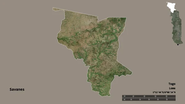 トーゴ地方のサバンヌの形で その首都はしっかりとした背景に隔離されています 距離スケール リージョンプレビュー およびラベル 衛星画像 3Dレンダリング — ストック写真