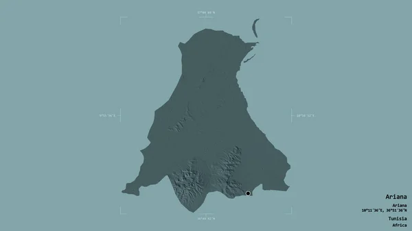 突尼斯阿丽亚娜省的一个地区 以坚实的背景隔离在一个地理参照框中 彩色高程图 3D渲染 — 图库照片