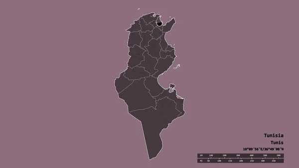 Ungesättigte Gestalt Tunesiens Mit Seiner Hauptstadt Der Wichtigsten Regionalen Teilung — Stockfoto