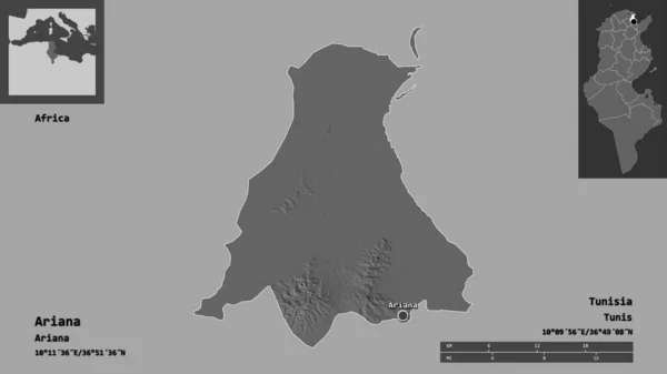 アリアナの形 チュニジアの政府とその首都 距離スケール プレビューおよびラベル 標高マップ 3Dレンダリング — ストック写真