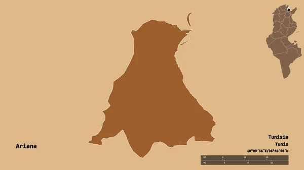 突尼斯阿丽亚娜省的形状 其首都在坚实的背景下与世隔绝 距离尺度 区域预览和标签 图形纹理的组成 3D渲染 — 图库照片