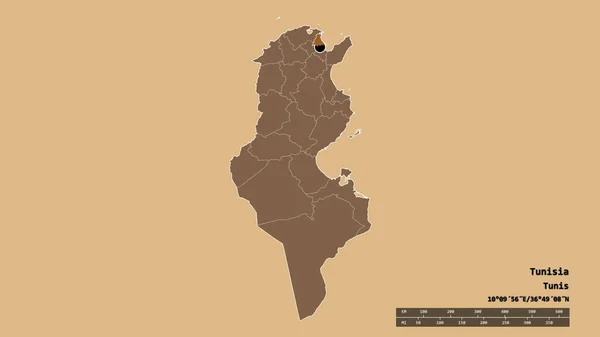 Desaturated Shape Tunisia Its Capital Main Regional Division Separated Ariana — Stock Photo, Image