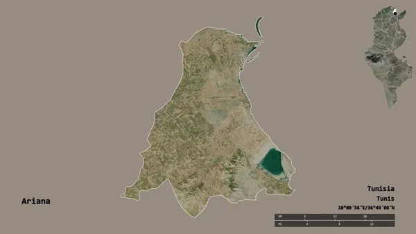 チュニジアの政府機関であるArianaの形は その資本をしっかりとした背景に隔離しています 距離スケール リージョンプレビュー およびラベル 衛星画像 3Dレンダリング — ストック写真
