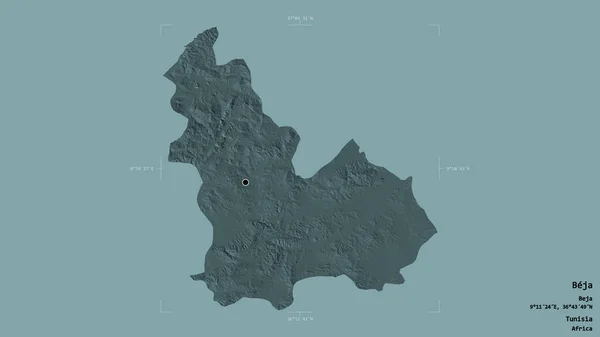 突尼斯省Beja地区 在一个地理参照框的坚实背景下被隔离 彩色高程图 3D渲染 — 图库照片