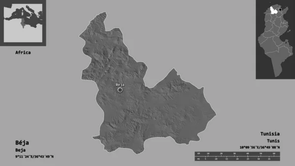 ベハの形 チュニジアの政府とその首都 距離スケール プレビューおよびラベル 標高マップ 3Dレンダリング — ストック写真