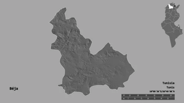 チュニジアの統治者ベハの形で その首都はしっかりとした背景に隔離されています 距離スケール リージョンプレビュー およびラベル 標高マップ 3Dレンダリング — ストック写真
