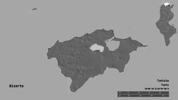 突尼斯省Bizerte的形状 其首都背景坚实 与世隔绝 距离尺度 区域预览和标签 Bilevel高程图 3D渲染 — 图库照片