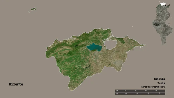 チュニジアの統治者ビゼルテの形で その首都はしっかりとした背景に隔離されています 距離スケール リージョンプレビュー およびラベル 衛星画像 3Dレンダリング — ストック写真
