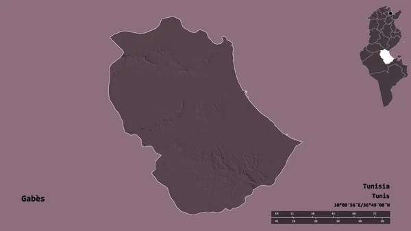 突尼斯省加贝斯的形状 其首都在坚实的背景下与世隔绝 距离尺度 区域预览和标签 彩色高程图 3D渲染 — 图库照片