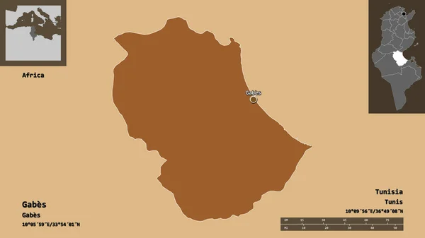 ガベスの形 チュニジアの政府とその首都 距離スケール プレビューおよびラベル パターン化されたテクスチャの構成 3Dレンダリング — ストック写真