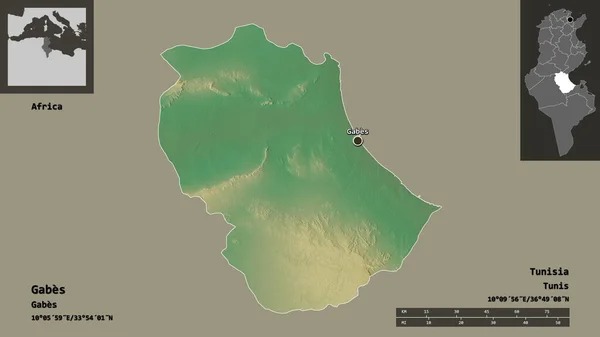突尼斯省加贝斯的形状及其首都 距离刻度 预览和标签 地形浮雕图 3D渲染 — 图库照片