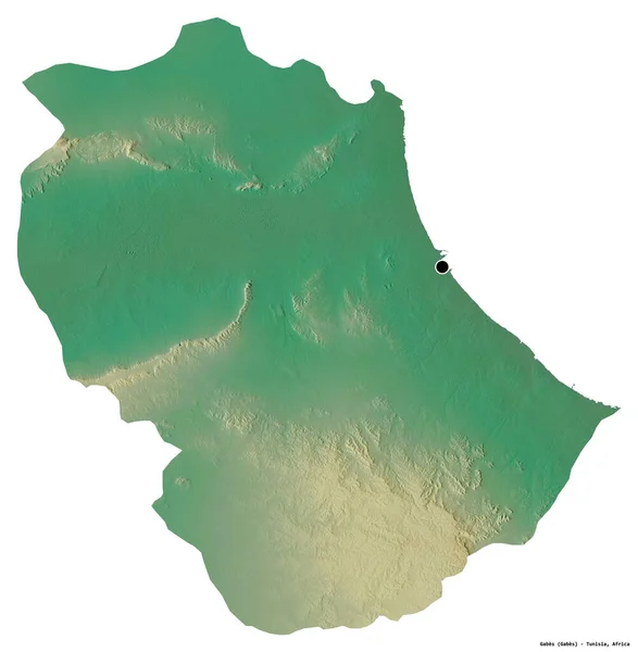突尼斯省加贝斯的形状 其首都被白色背景隔离 地形浮雕图 3D渲染 — 图库照片