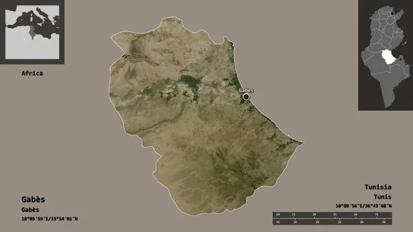 ガベスの形 チュニジアの政府とその首都 距離スケール プレビューおよびラベル 衛星画像 3Dレンダリング — ストック写真
