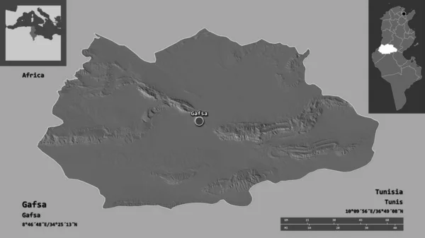 Shape Gafsa Governorate Tunisia Its Capital Distance Scale Previews Labels — Stock Photo, Image