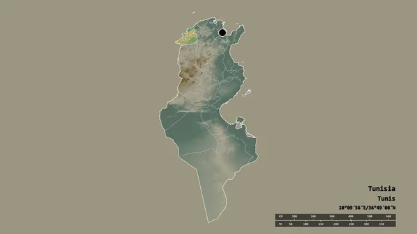 主要な地域部門と分離されたJendouba地域とチュニジアの荒廃した形 ラベル 地形図 3Dレンダリング — ストック写真