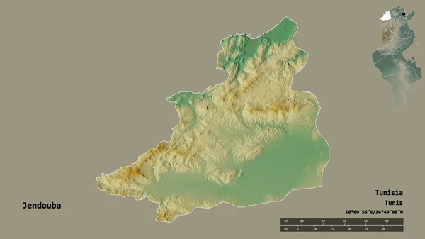チュニジアの政府であるJendoubaの形は その資本がしっかりとした背景に隔離されています 距離スケール リージョンプレビュー およびラベル 地形図 3Dレンダリング — ストック写真