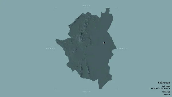 チュニジア政府のカルーアン地域は 洗練された境界ボックス内の強固な背景に隔離されています ラベル 色の標高マップ 3Dレンダリング — ストック写真
