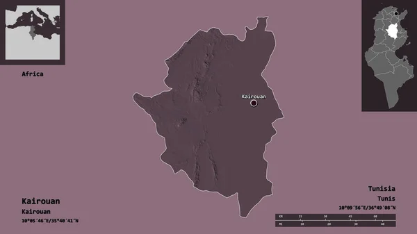カルーアンの形 チュニジアの政府とその首都 距離スケール プレビューおよびラベル 色の標高マップ 3Dレンダリング — ストック写真