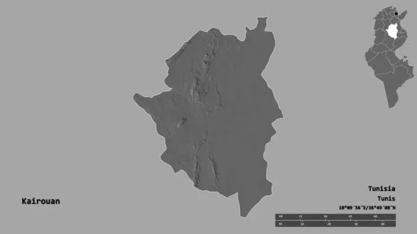 突尼斯Kairouan省的形状 其首都在坚实的背景下与世隔绝 距离尺度 区域预览和标签 Bilevel高程图 3D渲染 — 图库照片