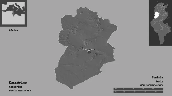 カッセリンの形 チュニジア政府とその首都 距離スケール プレビューおよびラベル 標高マップ 3Dレンダリング — ストック写真