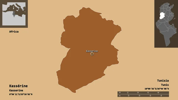 カッセリンの形 チュニジア政府とその首都 距離スケール プレビューおよびラベル パターン化されたテクスチャの構成 3Dレンダリング — ストック写真