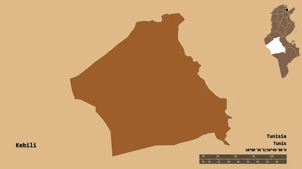 Форма Кебілі Провінція Туніс Столицею Ізольованою Твердому Тлі Масштаб Відстаней — стокове фото