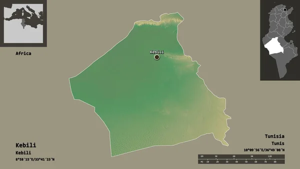 突尼斯省凯比利的形状及其首都 距离刻度 预览和标签 地形浮雕图 3D渲染 — 图库照片