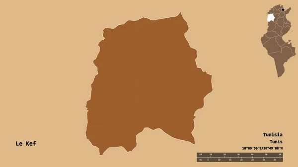 突尼斯省Le Kef的形状 其首都在坚实的背景下与世隔绝 距离尺度 区域预览和标签 图形纹理的组成 3D渲染 — 图库照片