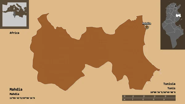 突尼斯省Mahdia的形状及其首都 距离刻度 预览和标签 图形纹理的组成 3D渲染 — 图库照片