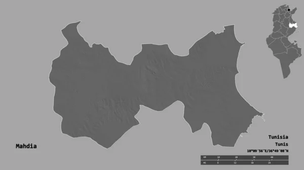 突尼斯省Mahdia的形状 其首都在坚实的背景下与世隔绝 距离尺度 区域预览和标签 Bilevel高程图 3D渲染 — 图库照片