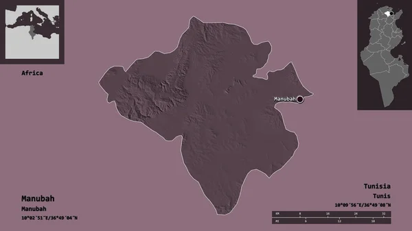 チュニジア政府とその首都であるマヌバの形 距離スケール プレビューおよびラベル 色の標高マップ 3Dレンダリング — ストック写真