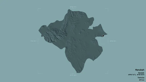 突尼斯省Manubah地区 在一个地理参照框的坚实背景下被隔离 彩色高程图 3D渲染 — 图库照片