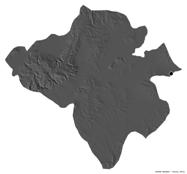 突尼斯曼努巴省的形状 其首都因白人背景而孤立 Bilevel高程图 3D渲染 — 图库照片