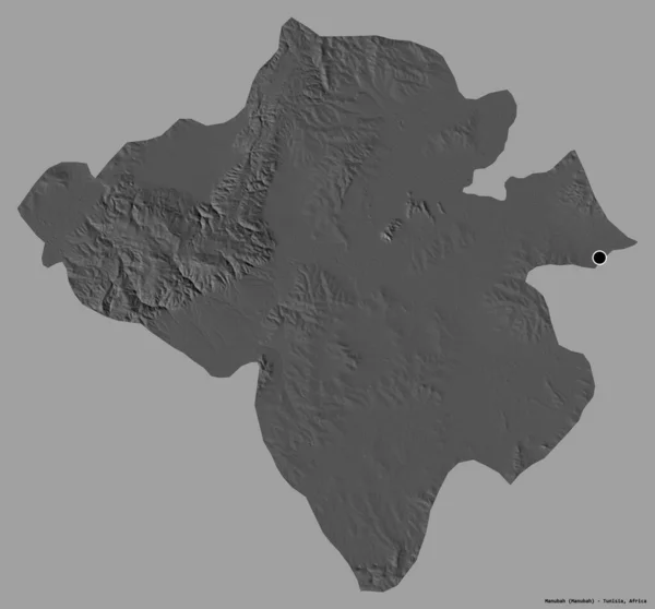突尼斯曼努巴省的形状 其首都用纯色背景隔开 Bilevel高程图 3D渲染 — 图库照片
