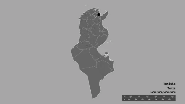 Desaturated Shape Tunisia Its Capital Main Regional Division Separated Manubah — Stock Photo, Image