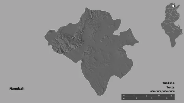 チュニジアの政府であるManubahの形は その資本をしっかりとした背景に隔離しています 距離スケール リージョンプレビュー およびラベル 標高マップ 3Dレンダリング — ストック写真