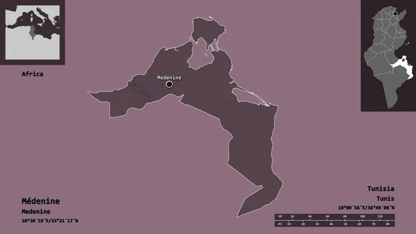 メデニンの形 チュニジア政府とその首都 距離スケール プレビューおよびラベル 色の標高マップ 3Dレンダリング — ストック写真