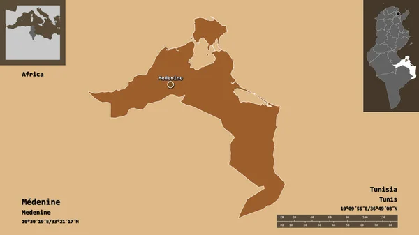 メデニンの形 チュニジア政府とその首都 距離スケール プレビューおよびラベル パターン化されたテクスチャの構成 3Dレンダリング — ストック写真