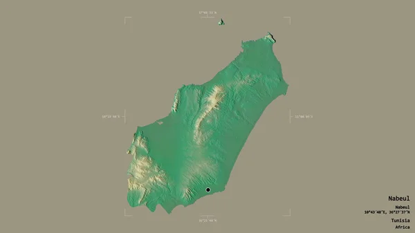 突尼斯省Nabeul地区 以坚实的背景隔离在一个地理参照盒中 地形浮雕图 3D渲染 — 图库照片