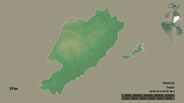 突尼斯省斯法克斯的形状 其首都在坚实的背景下与世隔绝 距离尺度 区域预览和标签 地形浮雕图 3D渲染 — 图库照片